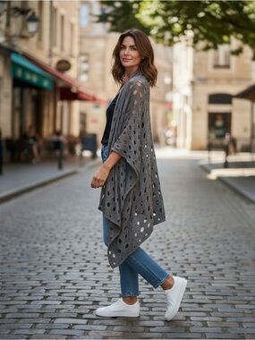 Elegant Gray Open-Knit Poncho